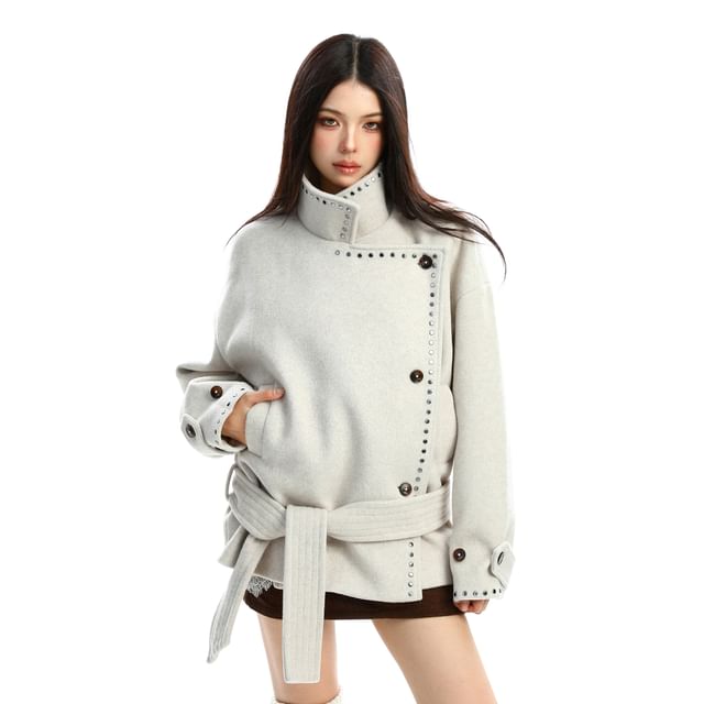 Berrytrix-Stand Collar Asymmetrical Studded Tie Waist Button-Up Jacket