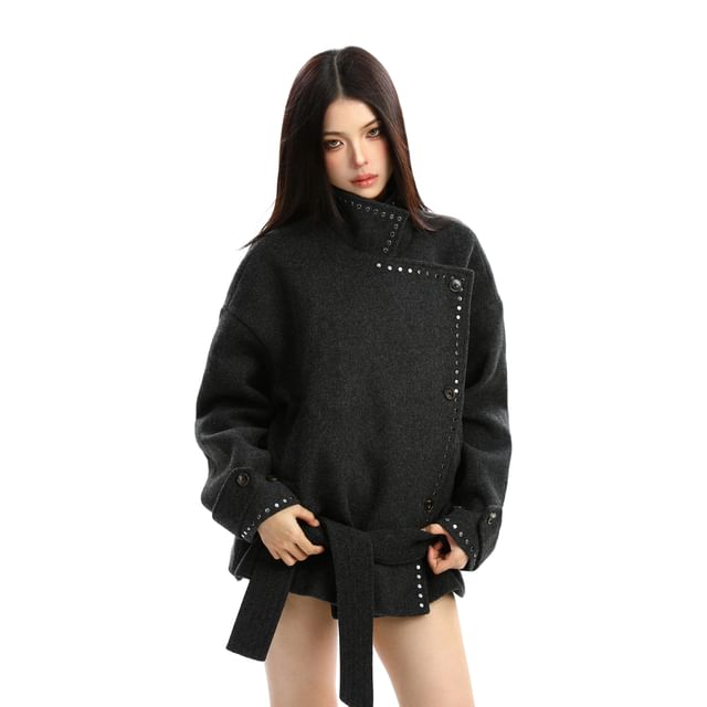 Berrytrix-Stand Collar Asymmetrical Studded Tie Waist Button-Up Jacket