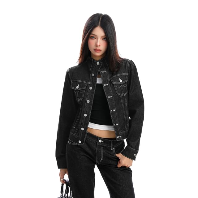 Berrytrix-Stand Collar Contrast Stitching Denim Button Jacket Mid Waist Flared Jeans