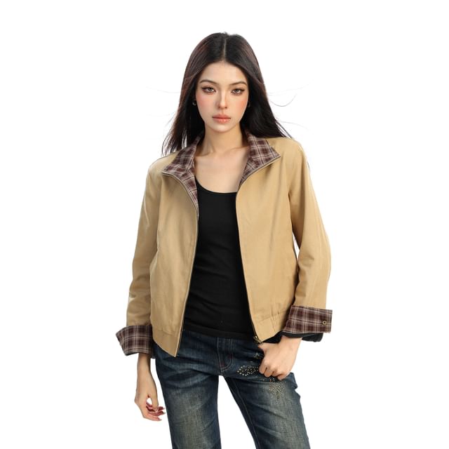 Berrytrix-Stand Collar Plaid Panel Zip-Up Crop Jacket