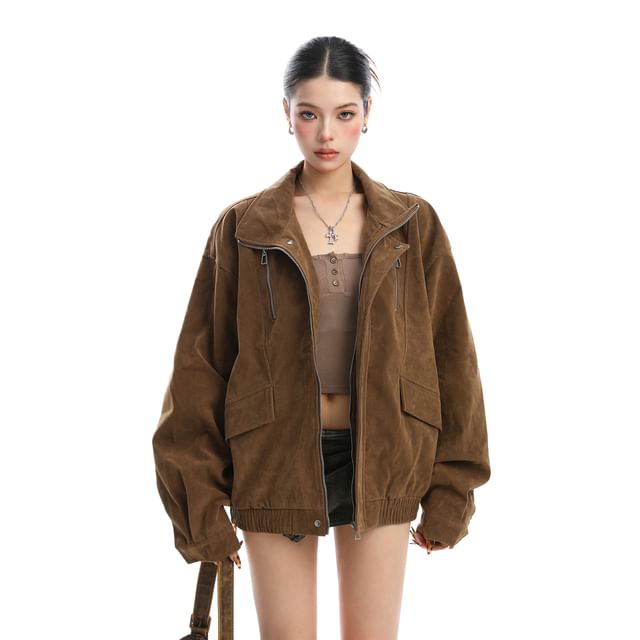 Berrytrix-Stand Collar Plain Faux Suede Zip Cargo Jacket