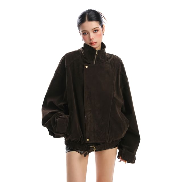 Berrytrix-Stand Collar Plain Oversized Zip Jacket