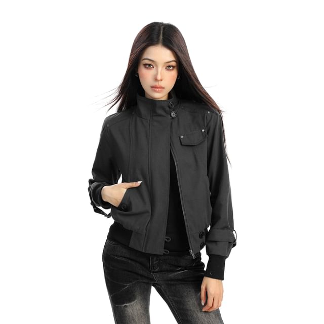 Berrytrix-Stand Collar Zip-Up Plain Crop Jacket