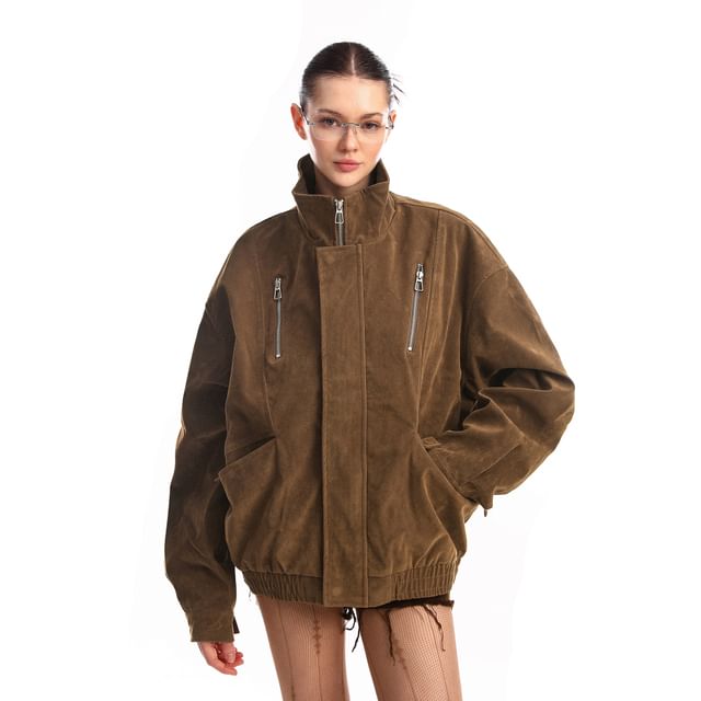 Berrytrix-Stand Collar Zip-Up Plain Faux Suede Jacket