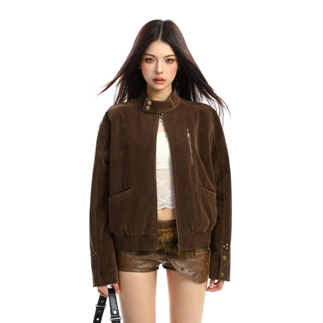 Berrytrix-Stand Collar Zip-Up Plain Faux Suede Jacket