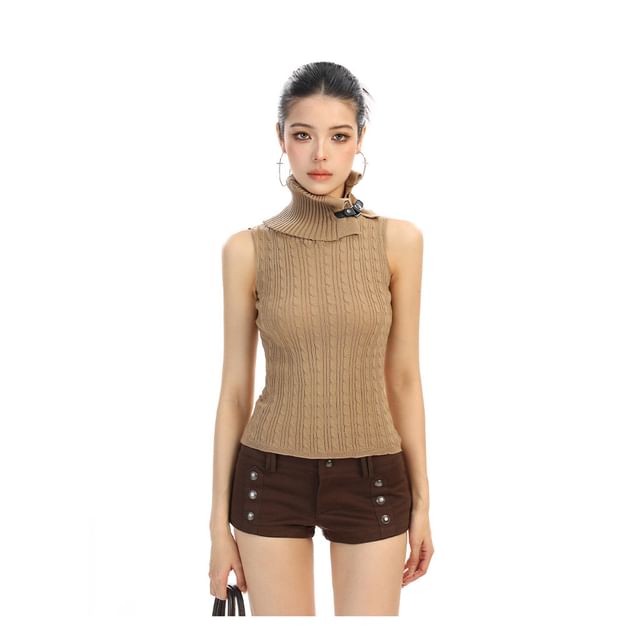 Berrytrix-Turtleneck Plain Buckled Cable Knit Tank Top