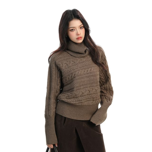 Berrytrix-Turtleneck Plain Cable Knit Sweater