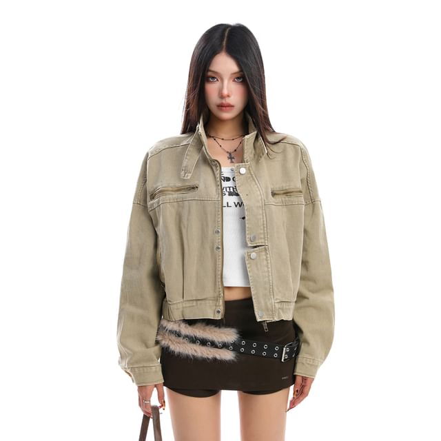 Berrytrix-Washed Button-Up Denim Jacket