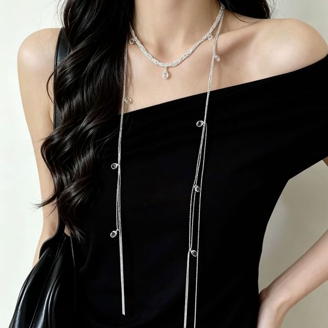 Betsuno-Faux Crystal Charm Long Necklace