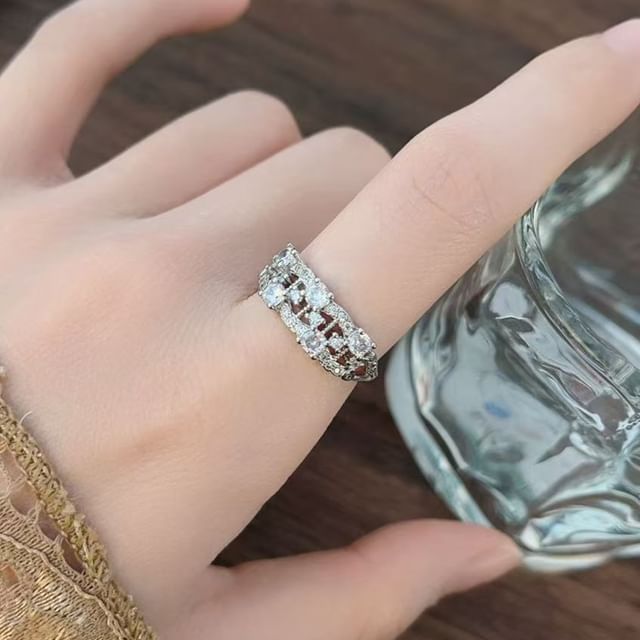 Betsuno-Rhinestone Cutout Alloy Open Ring