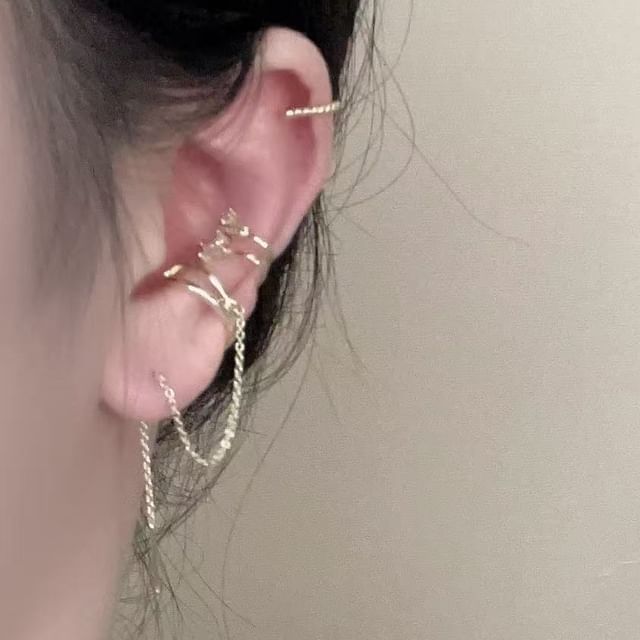 Betsuno-Set Alloy Ear Cuff Rhinestone Layered Alloy Ear Cuff Chained Alloy Threader Earring