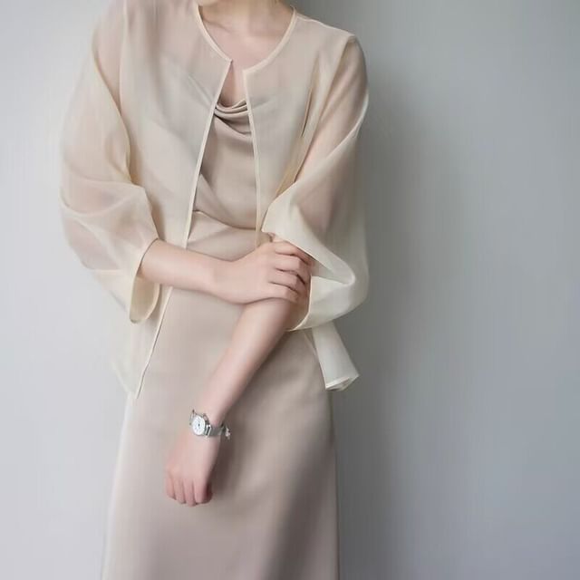 Bigfol-34 Sleeve Round Neck Plain Mesh Open Front Light Jacket