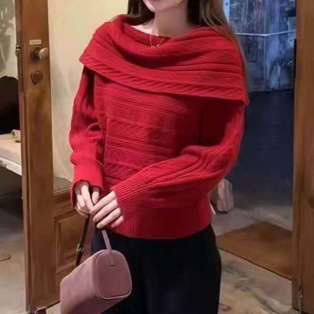 Bigfol-Boat Neck Cable Knit Sweater