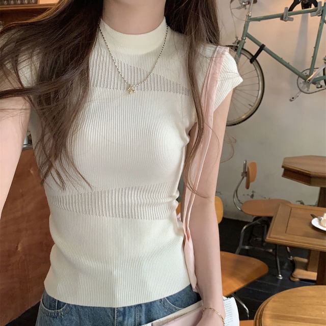 Bigfol-Cap Sleeve Mock Neck Plain Ribbed Knit Top