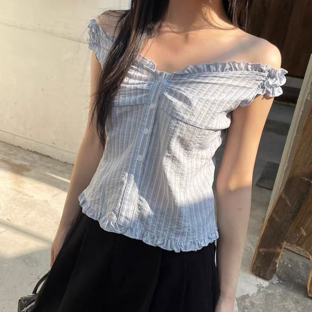 Bigfol-Cap-Sleeve Off Shoulder Striped Crop Top