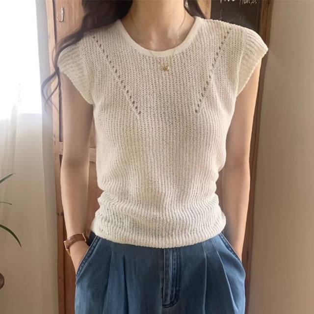 Bigfol-Cap-Sleeve Round Neck Plain Ribbed Knit Top
