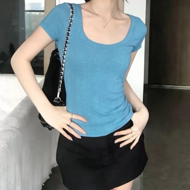 Bigfol-Cap-Sleeve Scoop Neck Plain Knit Top