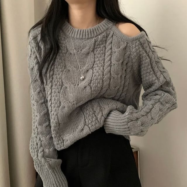 Bigfol-Cold Shoulder Plain Cable Knit Sweater