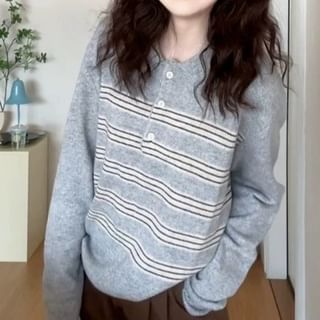 Bigfol-Collar Henley Striped Sweater