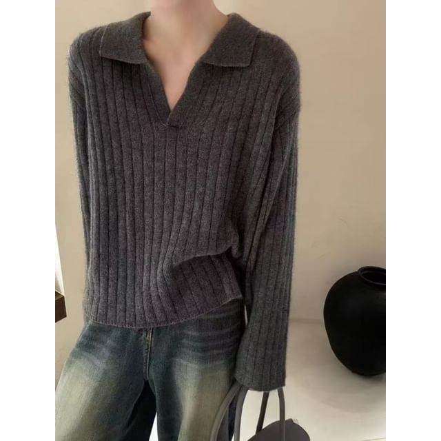 Bigfol-Collar Plain Ribbed Sweater