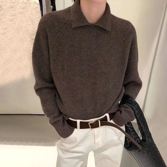 Bigfol-Collar Plain Ribbed Sweater