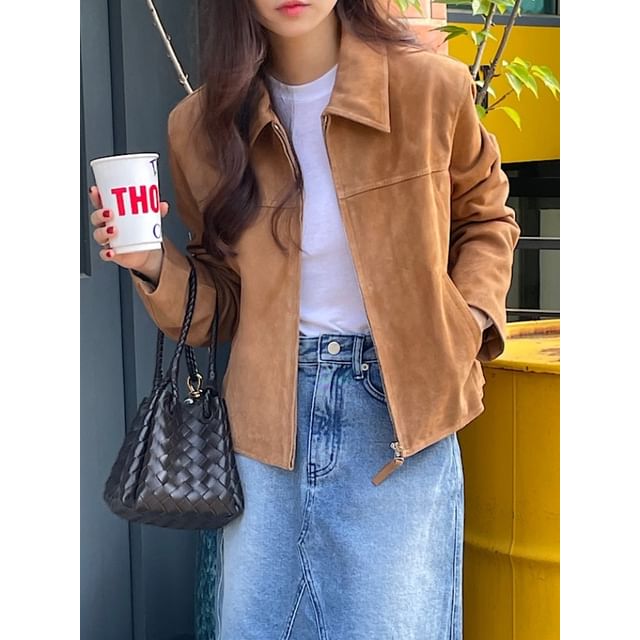 Bigfol-Collared Plain Faux Suede Zip Jacket
