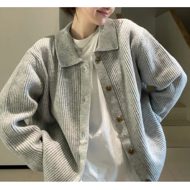 Bigfol-Collared Plain Ribbed Knit Button Up Cardigan