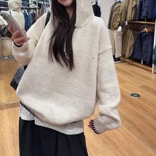 Bigfol-Contrast Trim Hood Half Zip Sweater
