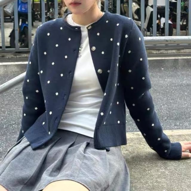 Bigfol-Crew Neck Dotted Cardigan
