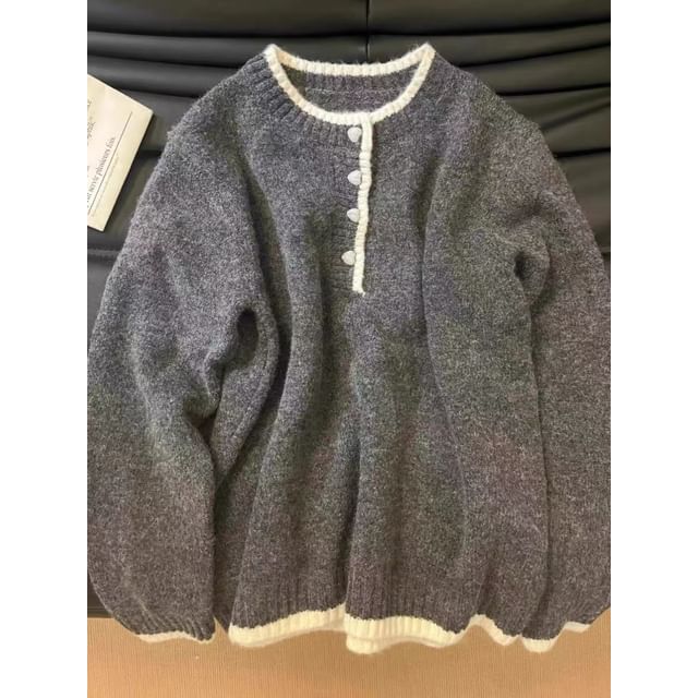 Bigfol-Crew Neck Henley Contrast Trim Sweater