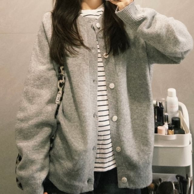 Bigfol-Crew Neck Melange Cardigan
