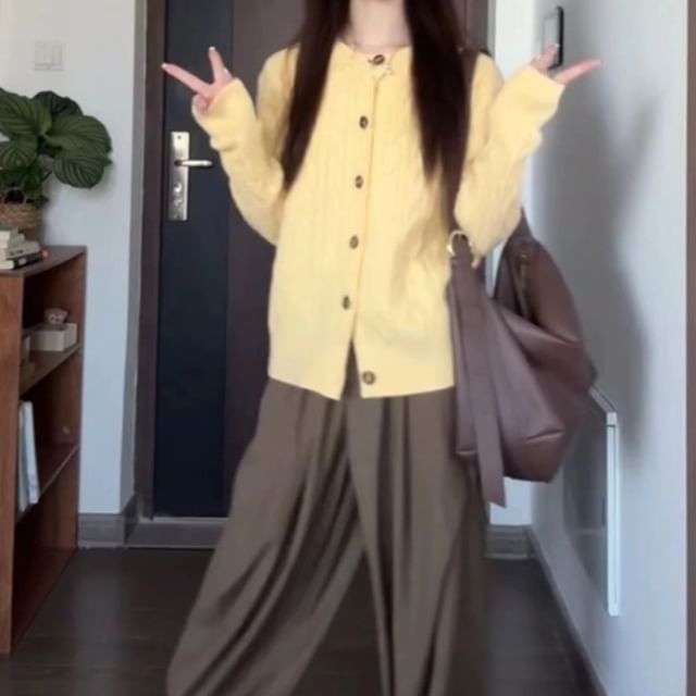 Bigfol-Crew Neck Plain Cable-Knit Cardigan