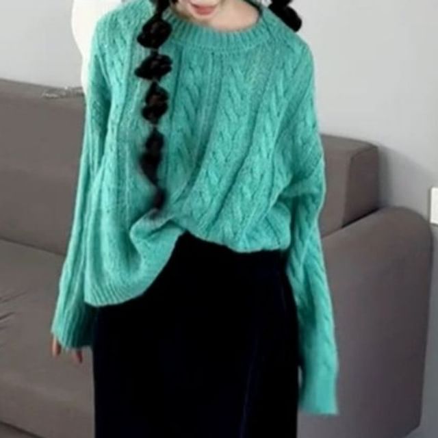 Bigfol-Crew Neck Plain Cable-Knit Sweater