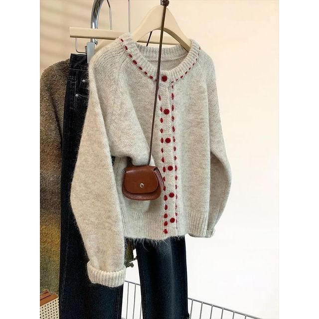 Bigfol-Crew Neck Plain Contrast Stitching Cardigan