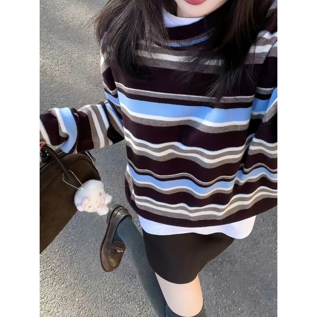 Bigfol-Crew Neck Striped Sweater