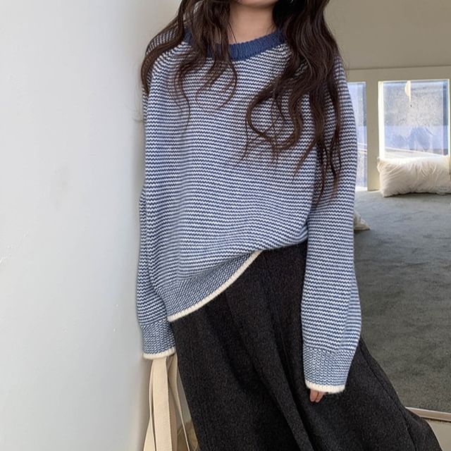 Bigfol-Crew Neck Striped Sweater