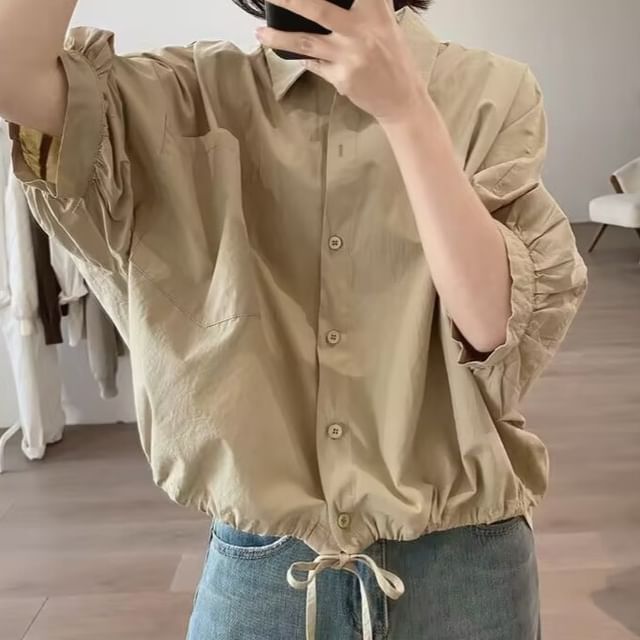 Bigfol-Elbow Sleeve Collared Plain Drawstring Blouse