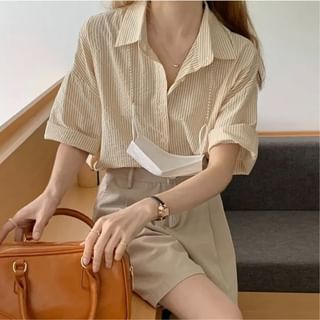 Bigfol-Elbow Sleeve Collared Striped Shirt