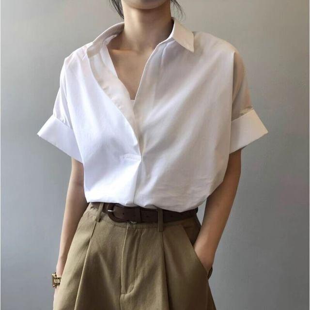 Bigfol-Elbow-Sleeve Draped Plain Shirt