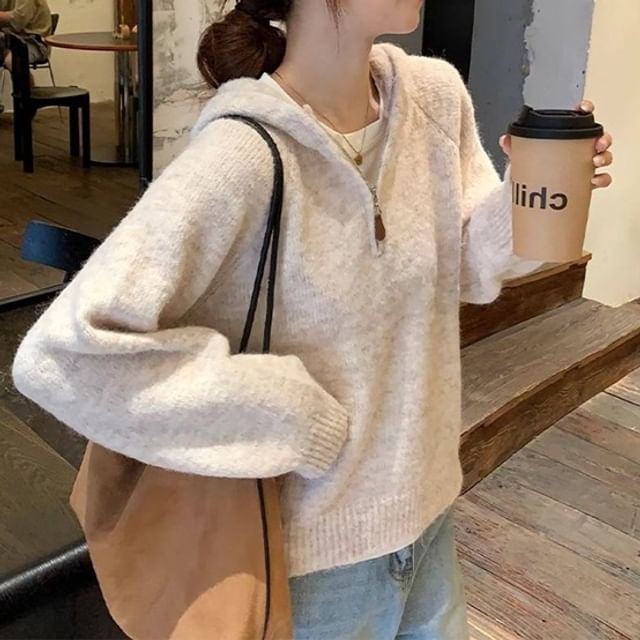 Bigfol-Half-Zip Plain Hooded Sweater