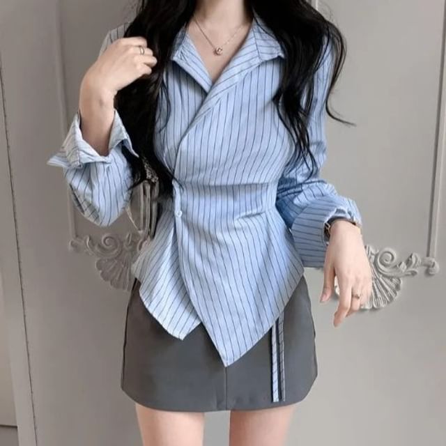 Bigfol-Long-Sleeve Asymmetrical Wrapped Shirt