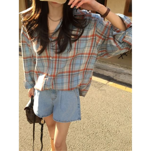 Bigfol-Long-Sleeve Collared Plaid Button Up Shirt