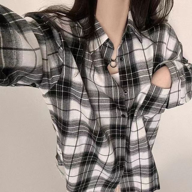 Bigfol-Long-Sleeve Collared Plaid Oversized Shirt