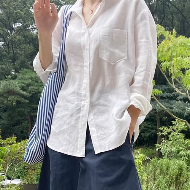 Bigfol-Long Sleeve Collared Plain Shirt
