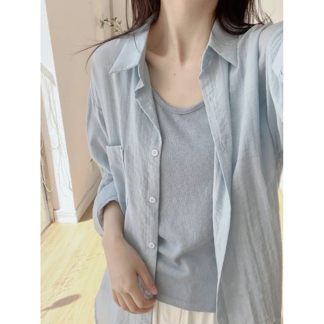 Bigfol-Long Sleeve Collared Plain Shirt
