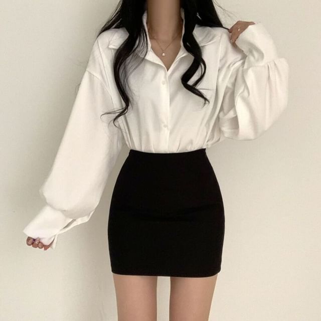 Bigfol-Long Sleeve Collared Plain Shirt