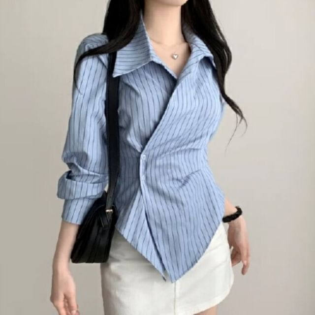 Bigfol-Long-Sleeve Collared Striped Wrap Shirt