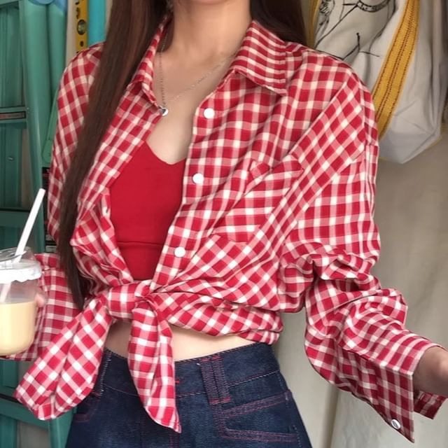 Bigfol-Long-Sleeve Gingham Plaid Shirt