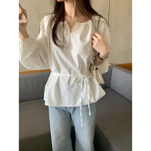 Bigfol-Long-Sleeve Notch Neck Plain Blouse