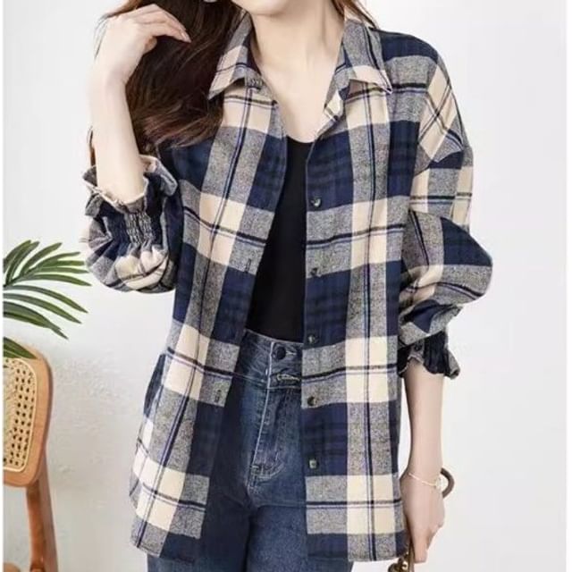 Bigfol-Long-Sleeve Plaid Button-Up Shirt